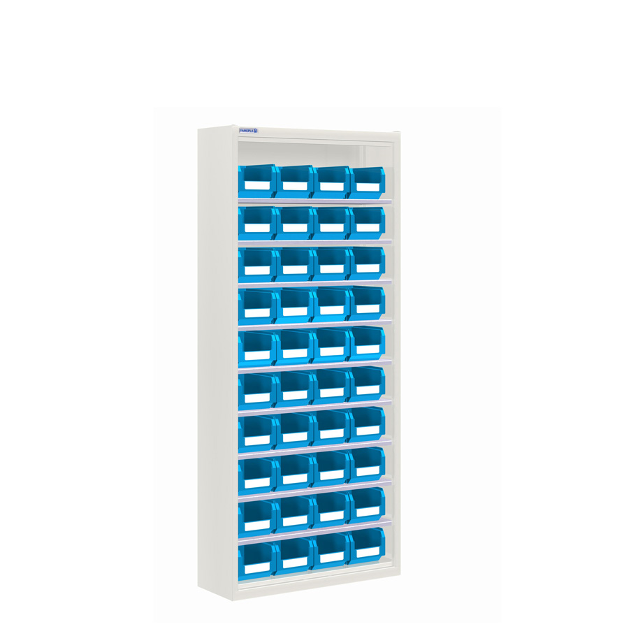 [025152] Armario metálico porta cajas sin puertas con 9 estantes regulables y 40 cajas - dim.: 700x270x1650h mm - Gris ral 7035