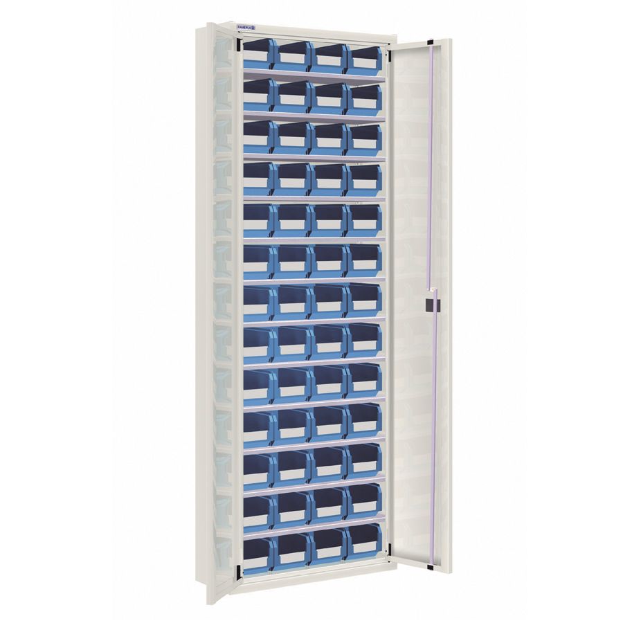 [025154] Armario metálico de puertas batientes con 12 estantes regulables y 52 cajas - dim.: 700x270x2000h mm - Gris ral 7035