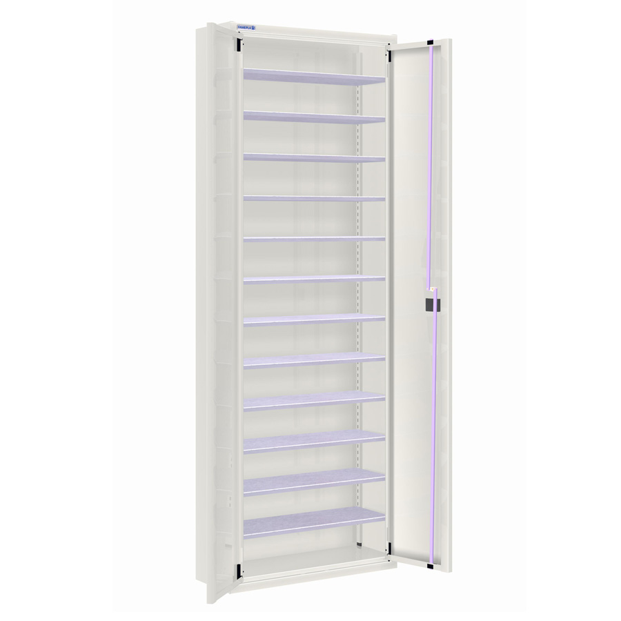 [025155] Armario metálico de puertas batientes con 12 estantes regulables (sin cajas) - dim.: 700x270x2000h mm - Gris ral 7035