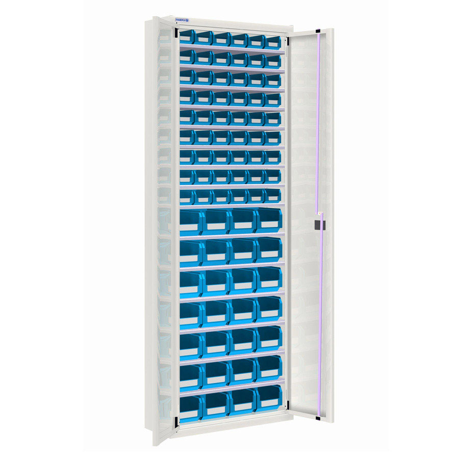 [025156] Armario metálico de puertas batientes con 15 estantes regulables y 82 cajas - dim.: 700x270x2000h mm - Gris ral 7035