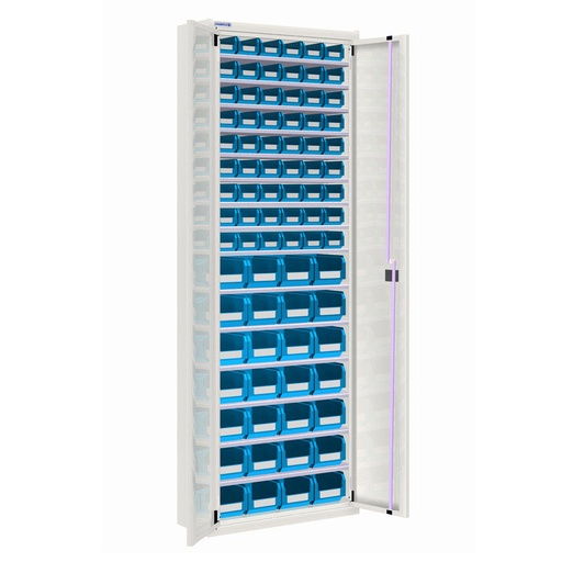 [025156] Armario metálico de puertas batientes con 15 estantes regulables y 82 cajas - dim.: 700x270x2000h mm - Gris ral 7035