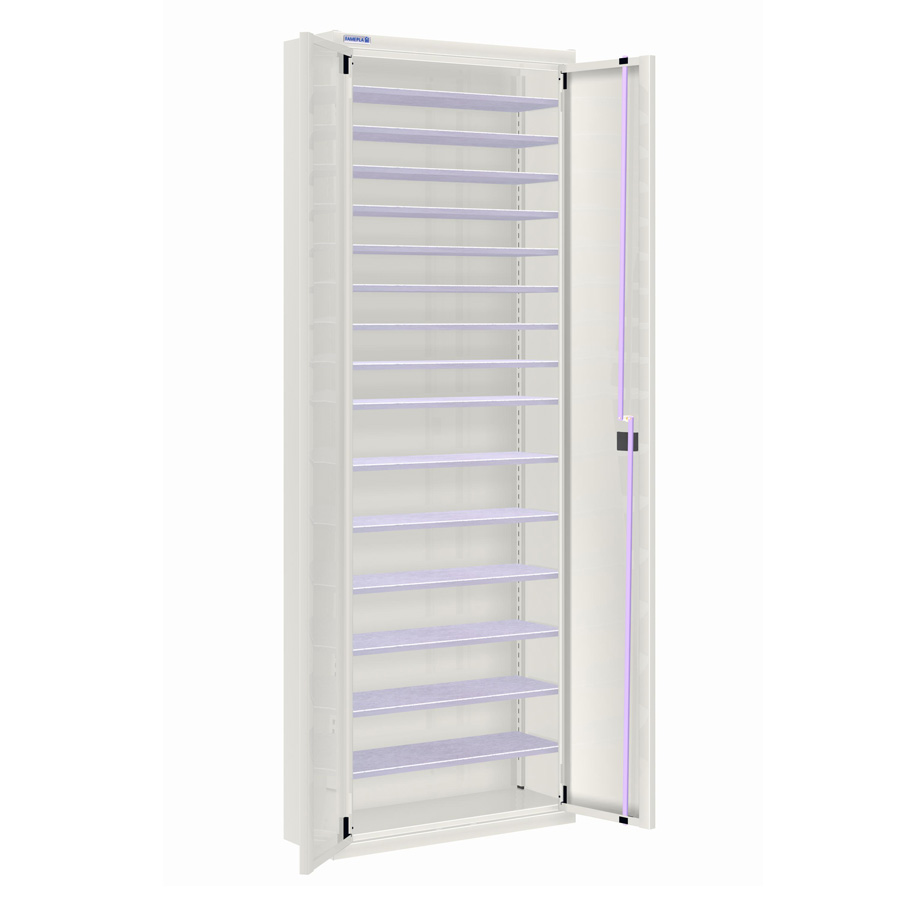 [025157] Armario metálico de puertas batientes con 15 estantes regulables (sin cajas) - dim.: 700x270x2000h mm - Gris ral 7035