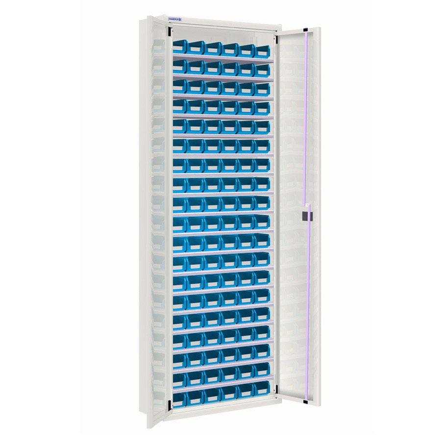 [025158] Armario metálico de puertas batientes con 18 estantes regulables y 114 cajas - dim.: 700x270x2000h mm - Gris ral 7035