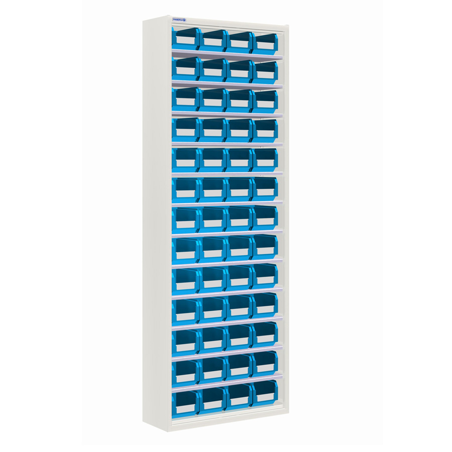 [025162] Armario metálico porta cajas sin puertas con 12 estantes regulables y 52 cajas - dim.: 700x270x2000h mm - Gris ral 7035
