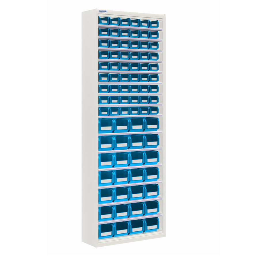 [025164] Armario metálico porta cajas sin puertas con 15 estantes regulables y 82 cajas - dim.: 700x270x2000h mm - Gris ral 7035