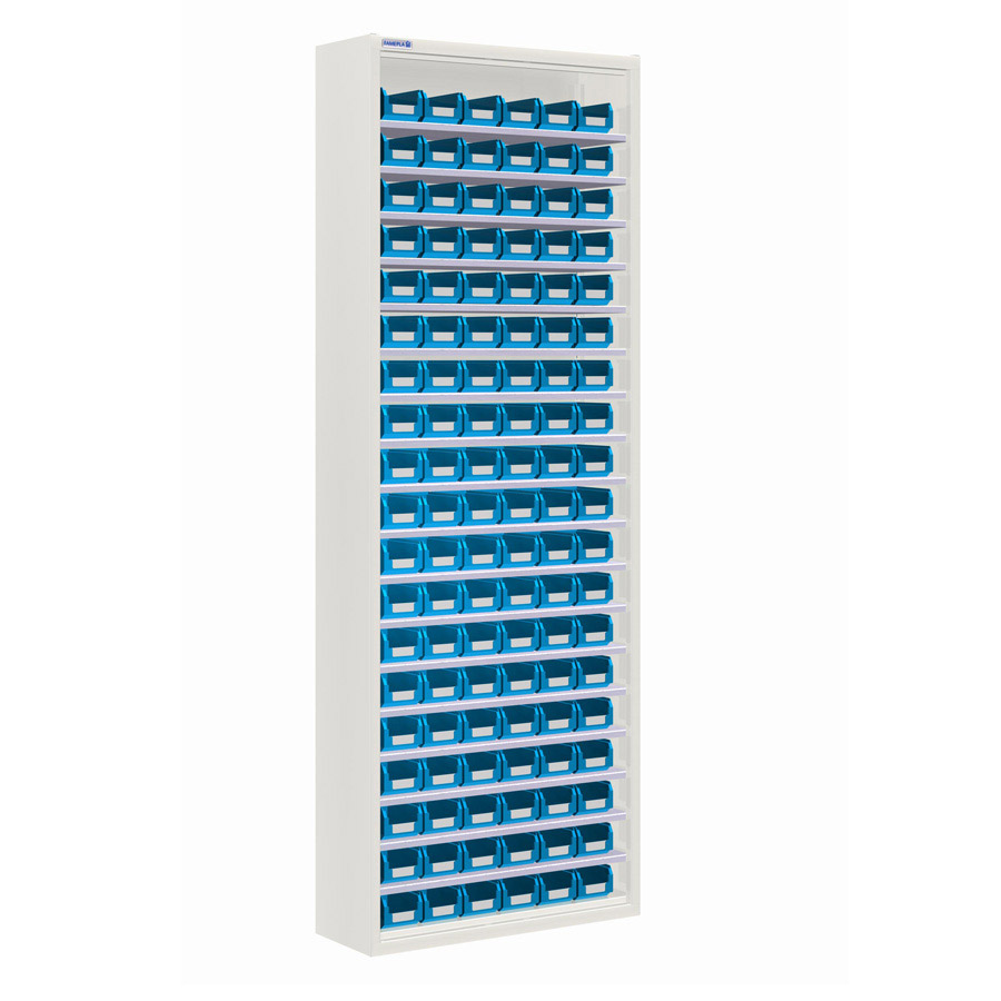 [025166] Armario metálico porta cajas sin puertas con 18 estantes regulables y 114 cajas - dim.: 700x270x2000h mm - Gris ral 7035