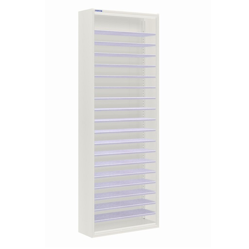 [025167] Armario metálico porta cajas sin puertas con 18 estantes regulables (sin cajas) - dim.: 700x270x2000h mm - Gris ral 7035