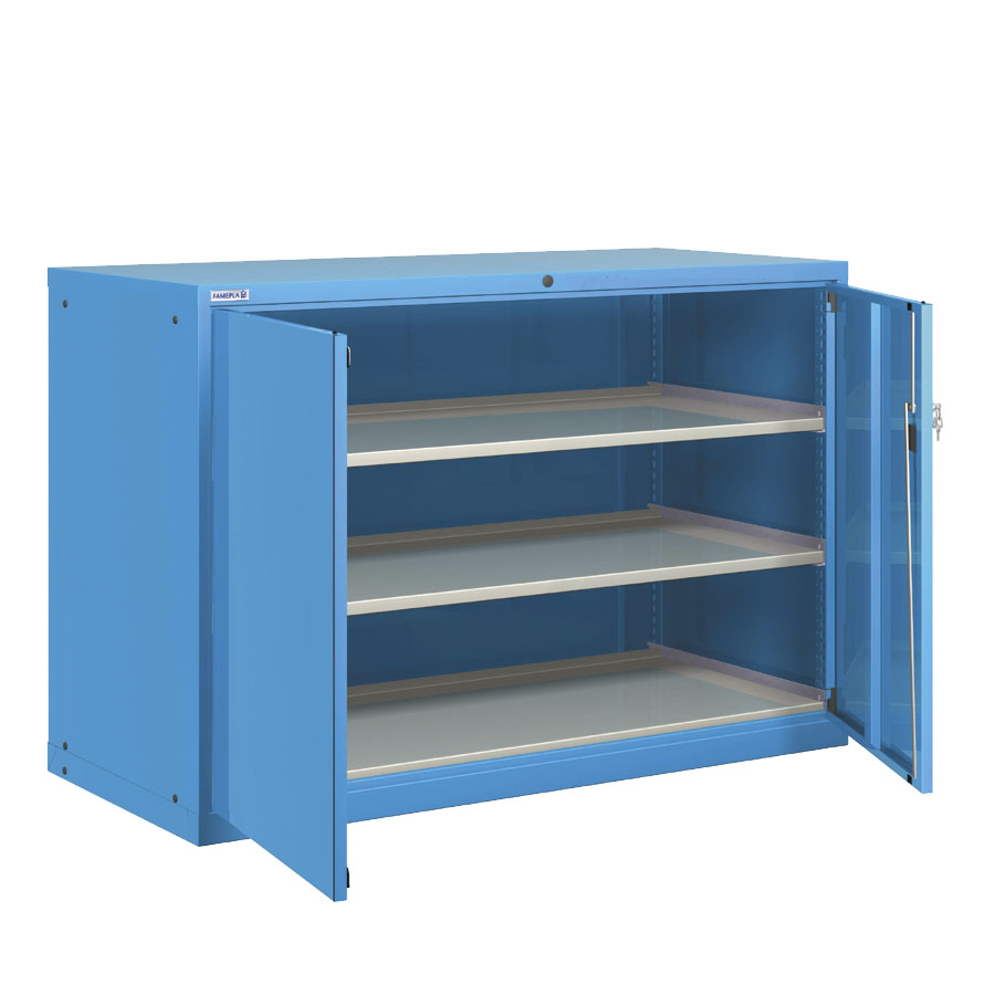 [025168] Armario metálico para taller con puertas batientes y 3 estantes regulables - Dim.: 1431x725x1000h mm - Azul ral 5012