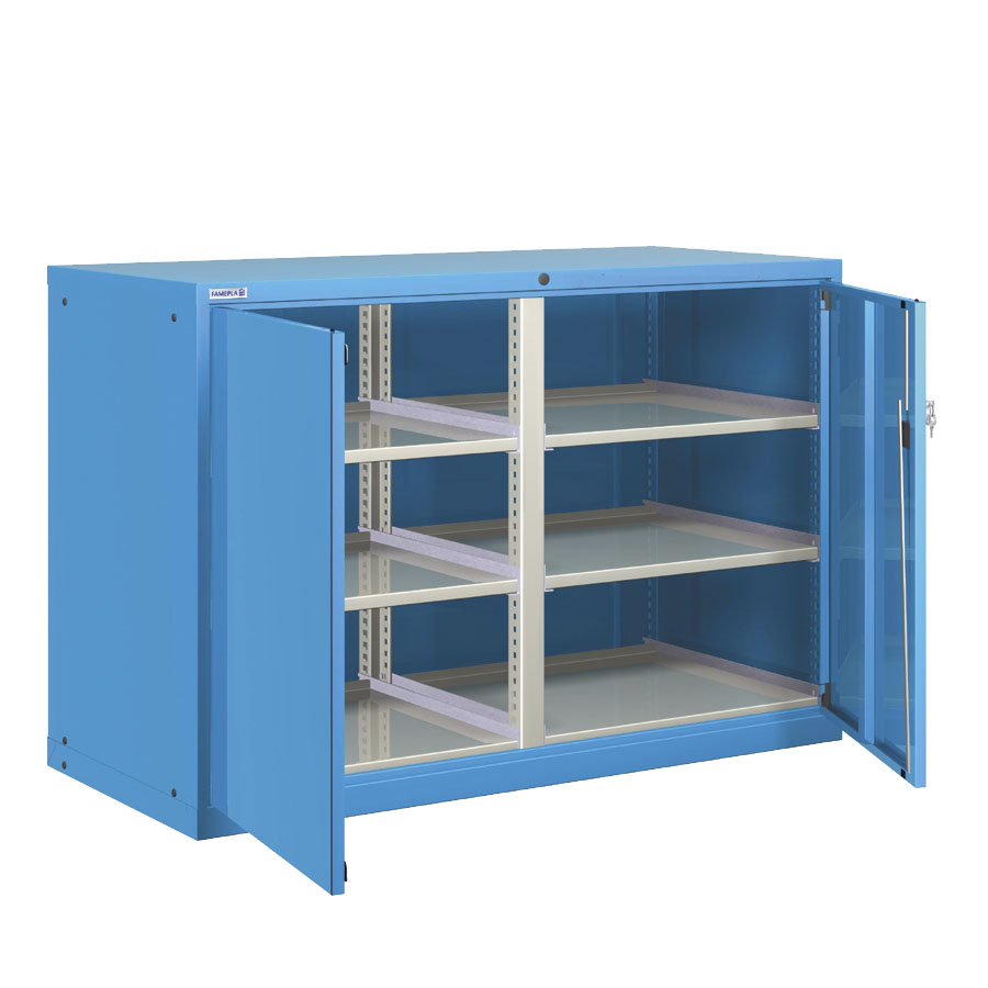 [025170] Armario metálico para taller con puertas batientes, divisor y 3 estantes regulables - Dim.: 1431x725x1000h mm - Azul ral 5012