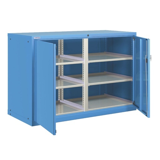 [025170] Armario metálico para taller con puertas batientes, divisor y 3 estantes regulables - Dim.: 1431x725x1000h mm - Azul ral 5012