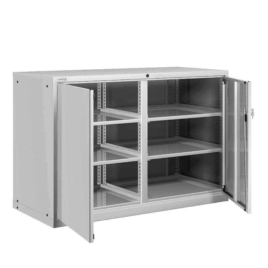 [025171] Armario metálico para taller con puertas batientes, divisor y 3 estantes regulables - Dim.: 1431x725x1000h mm - Gris ral 7035