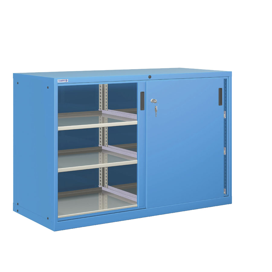 [025174] Armario con puertas correderas, divisor y 6 estantes regulables - Dim.: 1431x725x1000h mm - Azul ral 5012
