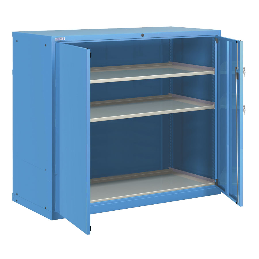 [025184] Armario metálico para taller con puertas batientes y 3 estantes regulables - Dim.: 1431x725x1450h mm - Azul ral 5012