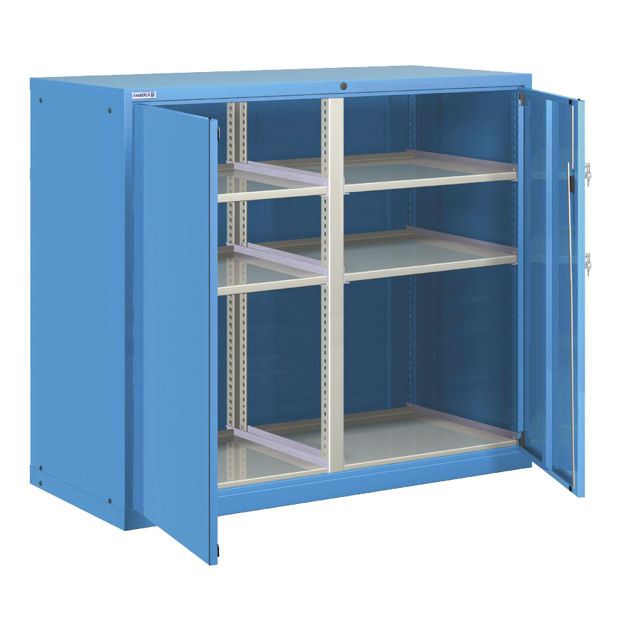 [025186] Armario metálico para taller con puertas batientes, divisor y 6 estantes regulables - Dim.: 1431x725x1450h mm - Azul ral 5012