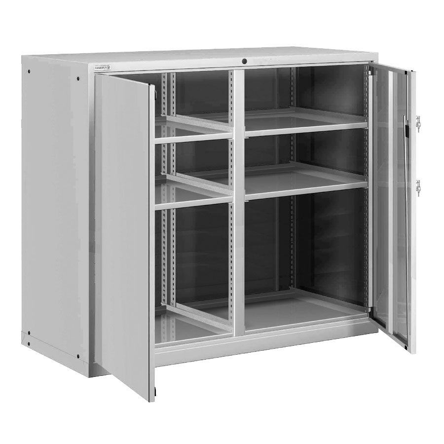 [025187] Armario metálico para taller con puertas batientes, divisor y 6 estantes regulables - Dim.: 1431x725x1450h mm - Gris ral 7035