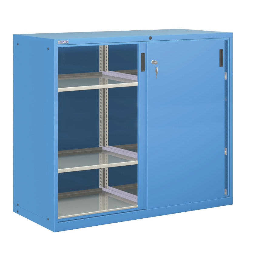 [025190] Armario con puertas correderas, divisor y 6 estantes regulables - Dim.: 1431x725x1450h mm - Azul ral 5012