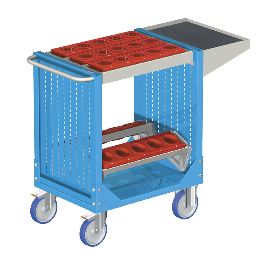 [025307] Carro para herramientas CNC con 1 estante, 2 bandejas extraíbles y 1 cuadro de inserción - Dim.: 1077x508x880h mm - Azul ral 5012