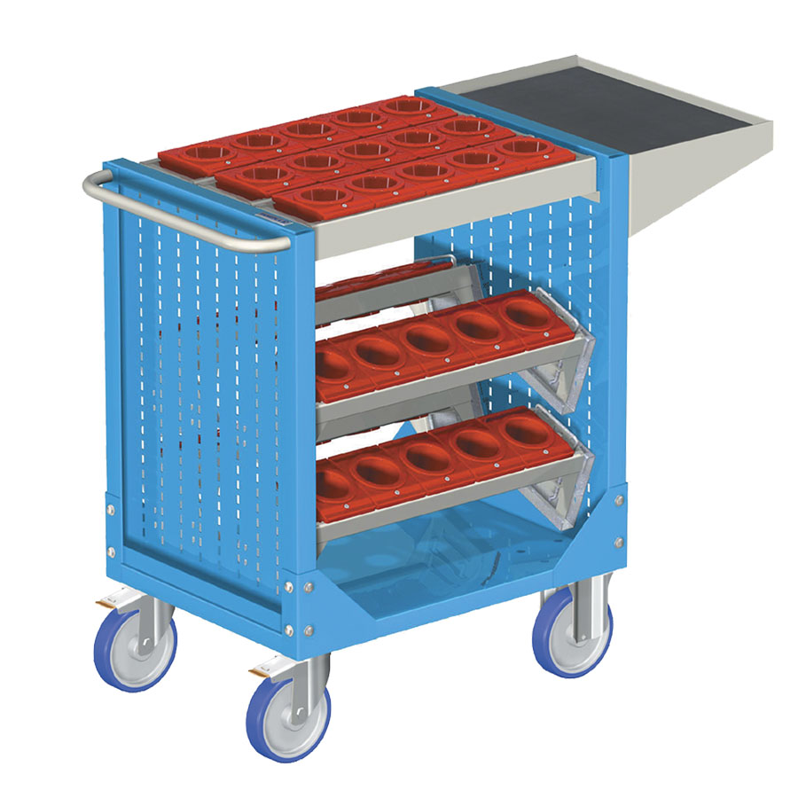 [025321] Carro para herramientas CNC con 1 estante, 4 bandejas extraíbles y 1 cuadro de inserción - Dim.: 1077x508x880h mm - Azul ral 5012