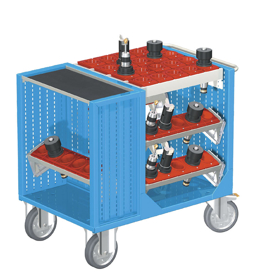 [025377] Carro para herramientas CNC con 1 estante, 5 bandejas extraíbles y 1 cuadro de inserción - Dim.: 1080x692x970h mm - Azul ral 5012