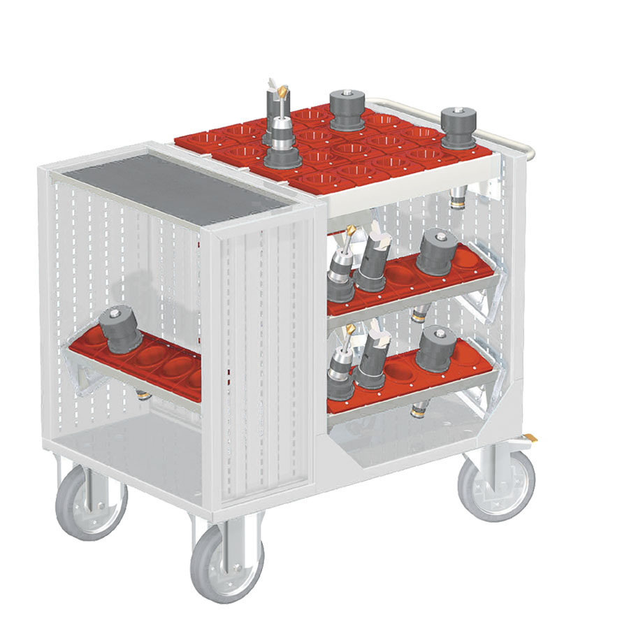 [025378] Carro para herramientas CNC con 1 estante, 5 bandejas extraíbles y 1 cuadro de inserción - Dim.: 1080x692x970h mm - Gris ral 7035