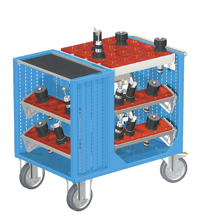 [025391] Carro para herramientas CNC con 1 estante, 6 bandejas extraíbles y 1 cuadro de inserción - Dim.: 1080x692x970h mm - Azul ral 5012