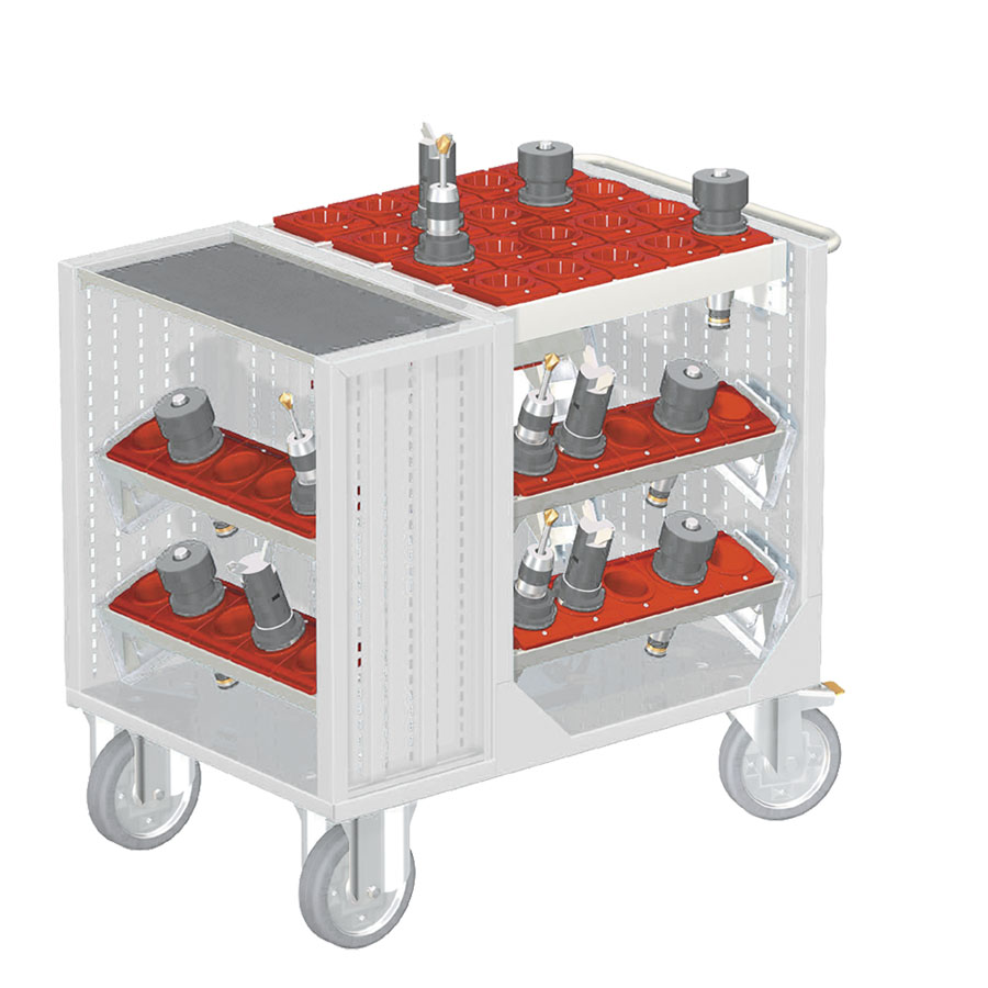 [025392] Carro para herramientas CNC con 1 estante, 6 bandejas extraíbles y 1 cuadro de inserción - Dim.: 1080x692x970h mm - Gris ral 7035
