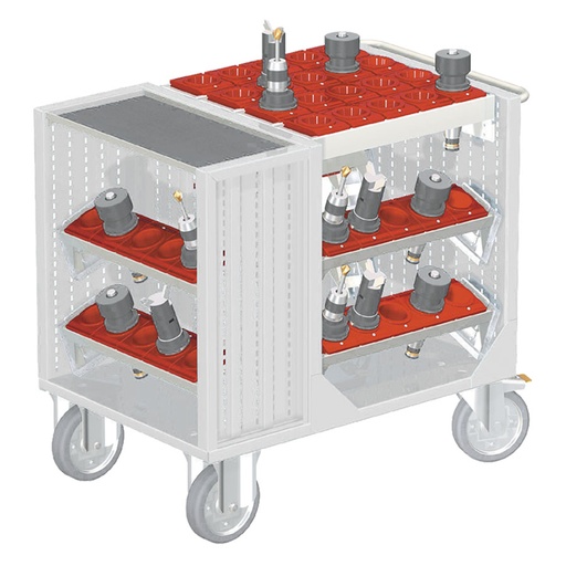 [025392] Carro para herramientas CNC con 1 estante, 6 bandejas extraíbles y 1 cuadro de inserción - Dim.: 1080x692x970h mm - Gris ral 7035