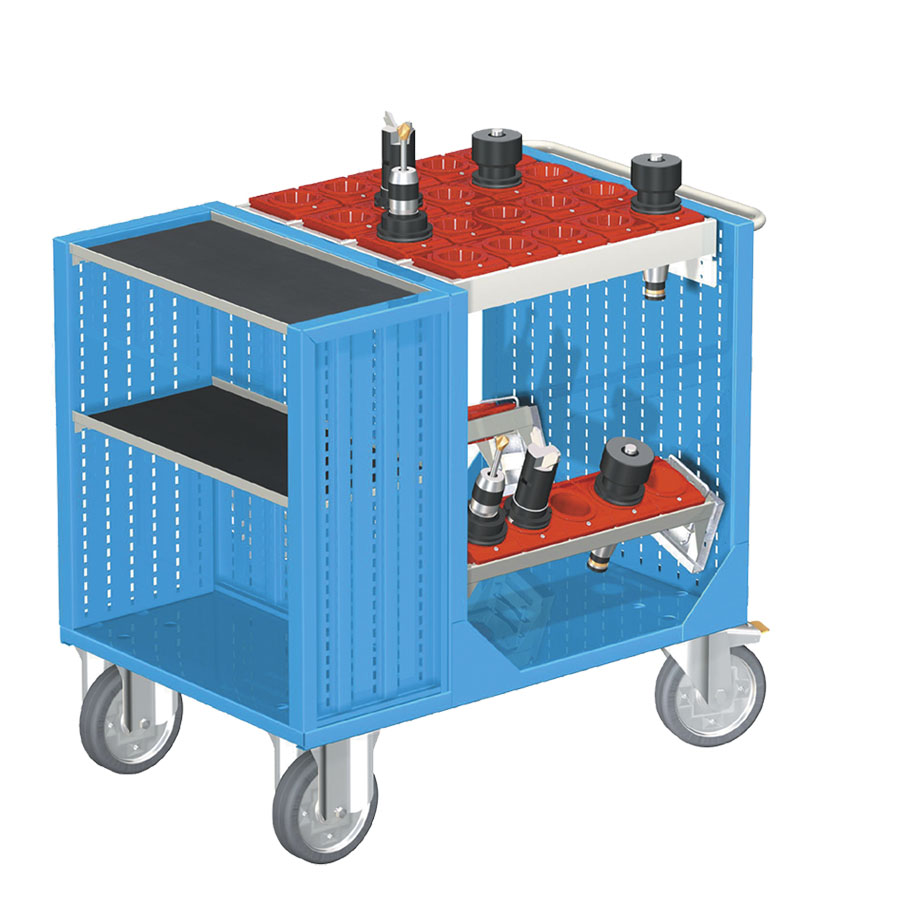 [025419] Carro para herramientas CNC con 2 estantes, 2 bandejas extraíbles y 1 cuadro de inserción - Dim.: 1080x692x970h mm - Azul ral 5012