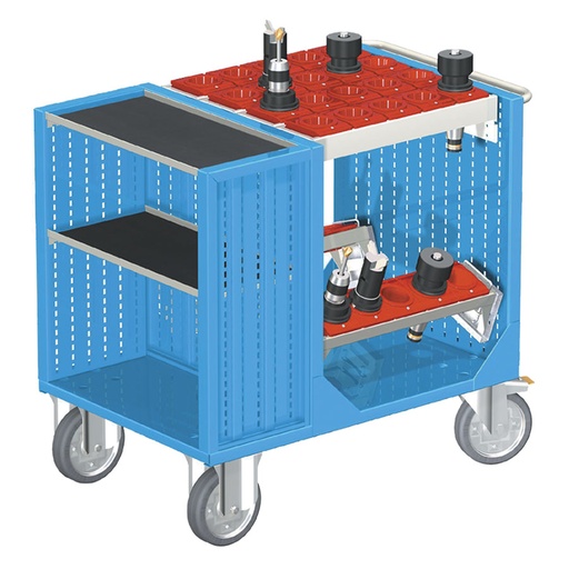 [025419] Carro para herramientas CNC con 2 estantes, 2 bandejas extraíbles y 1 cuadro de inserción - Dim.: 1080x692x970h mm - Azul ral 5012