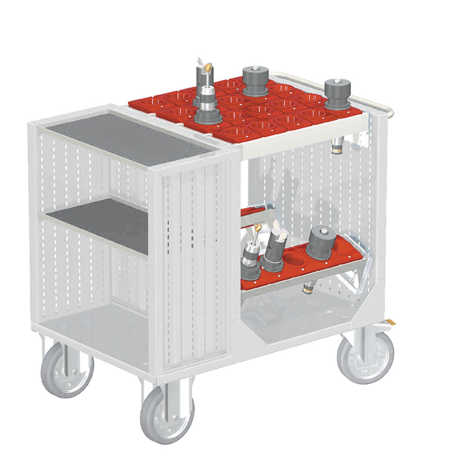 [025420] Carro para herramientas CNC con 2 estantes, 2 bandejas extraíbles y 1 cuadro de inserción - Dim.: 1080x692x970h mm - Gris ral 7035