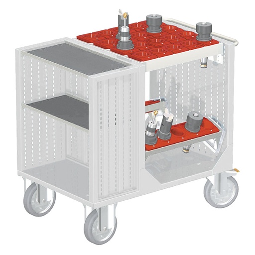 [025420] Carro para herramientas CNC con 2 estantes, 2 bandejas extraíbles y 1 cuadro de inserción - Dim.: 1080x692x970h mm - Gris ral 7035