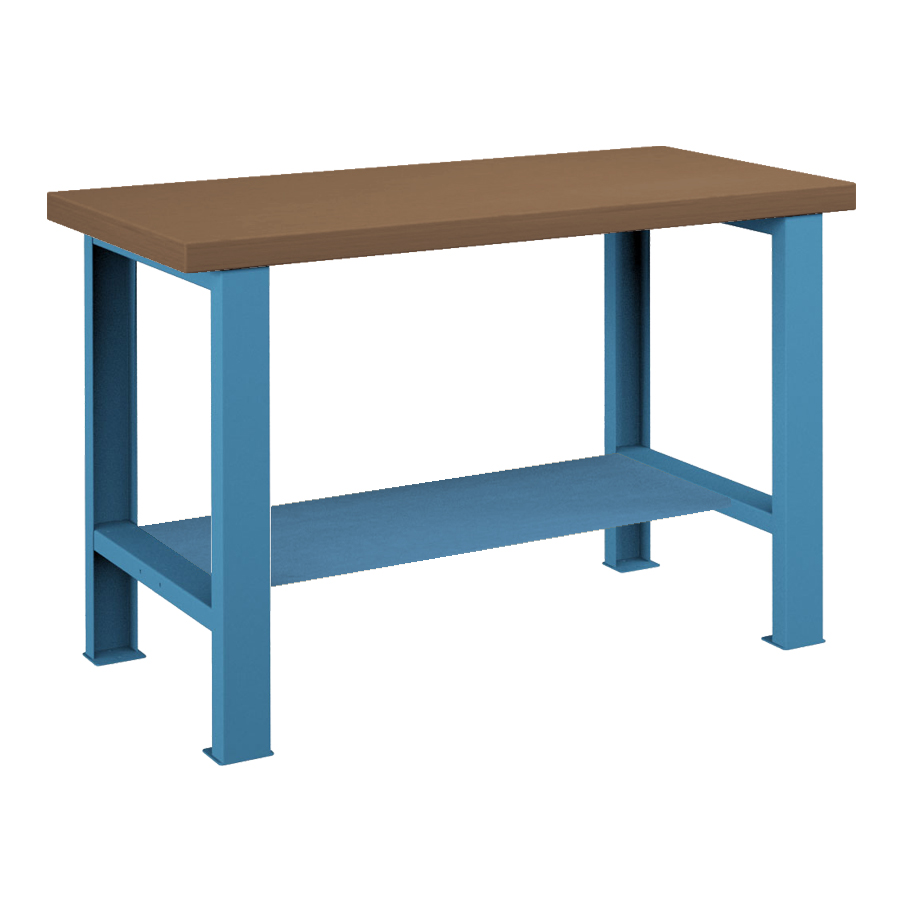 [025695] Banco de trabajo para taller estándar - Dim.: 1250x750x840h mm - Encimera DM, 2 patas, 1 estante inferior metálico - Azul ral 5012