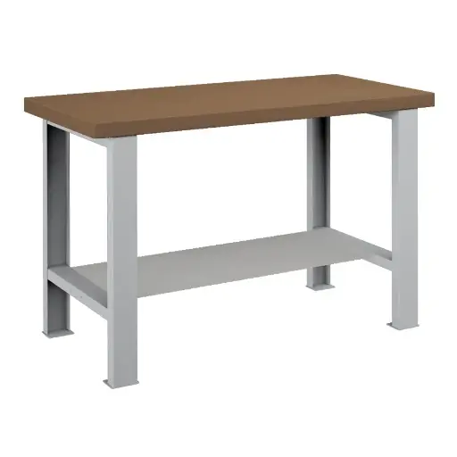 [025696] Banco de trabajo para taller estándar - Dim.: 1250x750x840h mm - Encimera DM, 2 patas, 1 estante inferior metálico - Gris ral 7035