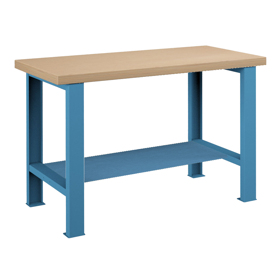 [025699] Banco de trabajo para taller estándar - Dim.: 1250x750x840h mm - Encimera Multiplex, 2 patas, 1 estante inferior metálico - Azul ral 5012