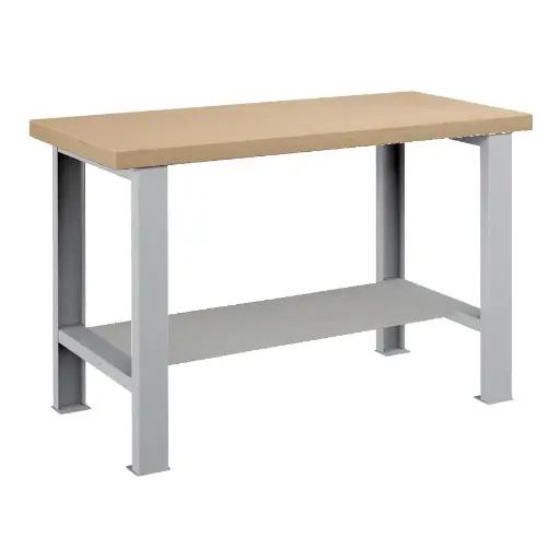 [025700] Banco de trabajo para taller estándar - Dim.: 1250x750x840h mm - Encimera Multiplex, 2 patas, 1 estante inferior metálico - Gris ral 7035