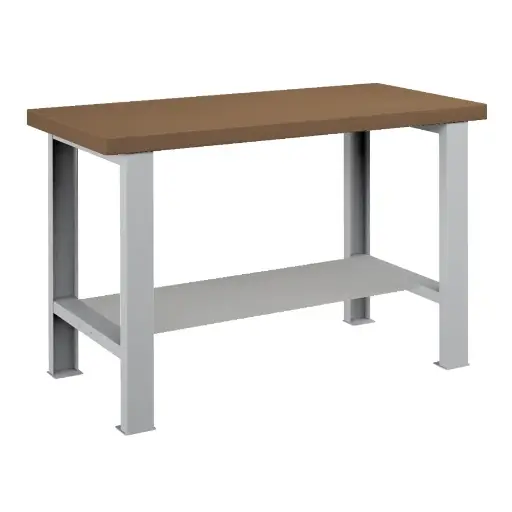[025716] Banco de trabajo para taller estándar - Dim.: 1250x750x850h mm - Encimera DM, 2 patas, 1 estante inferior metálico - Gris ral 7035