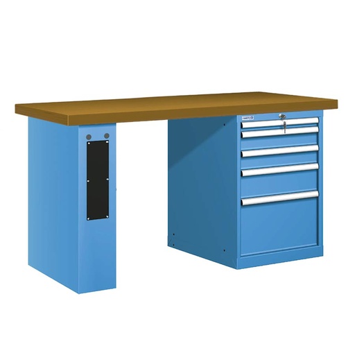 [025729] Banco de trabajo estándar - Dim.: 1500x750x840h mm - Encimera DM, 1 pata de enlaces, 1 armario - Azul ral 5012