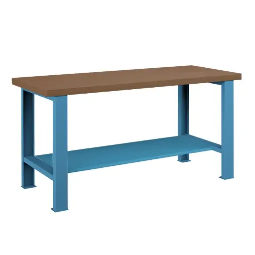 [025739] Banco de trabajo estándar - Dim.: 1500x750x840h mm - Encimera DM, 2 patas, 1 estante inferior  metálico - Azul ral 5012