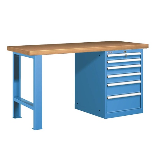 [025746] Banco de trabajo estándar - Dim.: 1500x750x840h mm - Encimera Multiplex, 1 pata, 1 armario - Azul ral 5012