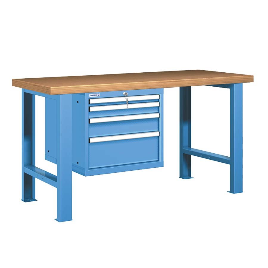 [025757] Banco de trabajo estándar - Dim.: 1500x750x840h mm - Encimera Multiplex, 2 patas, 1 armario 533h mm - Azul ral 5012