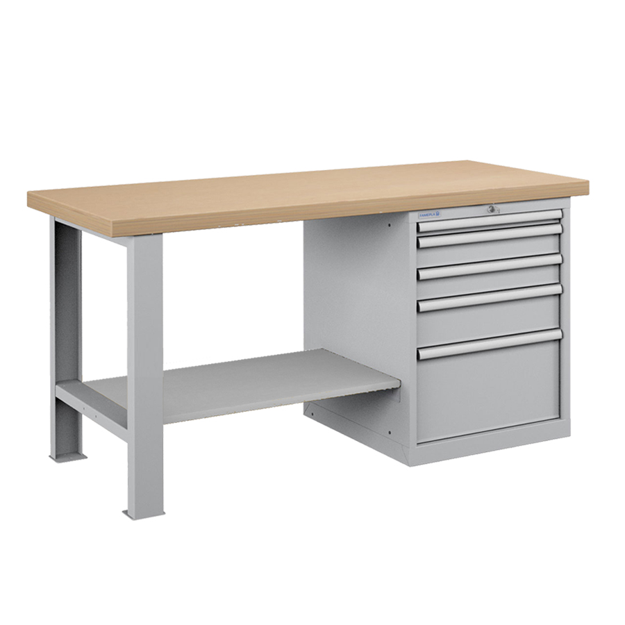 [025766] Banco de trabajo estándar - Dim.: 1500x750x840h mm - Encimera Multiplex, 1 pata, 1 armario, 1 estante inferior metálico - Gris ral 7035