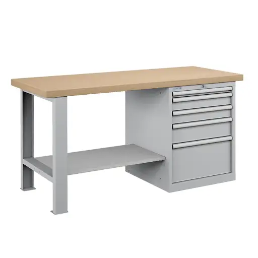 [025766] Banco de trabajo estándar - Dim.: 1500x750x840h mm - Encimera Multiplex, 1 pata, 1 armario, 1 estante inferior metálico - Gris ral 7035
