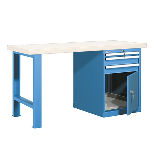 [025769] Banco de trabajo estándar - Dim.: 1500x750x840h mm - Encimera laminada, 1 pata, 1 armario - Azul ral 5012