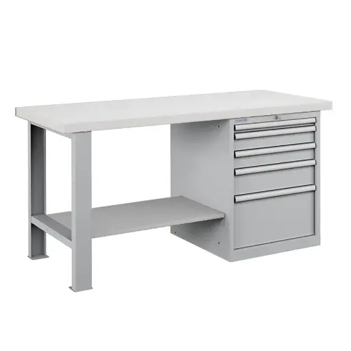 [025782] Banco de trabajo estándar - Dim.: 1500x750x840h mm - Encimera laminada, 1 pata, 1 armario, 1 estante inferior metálico - Gris ral 7035