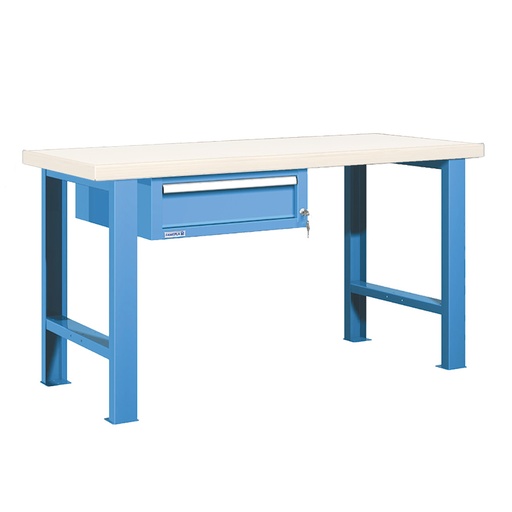 [025783] Banco de trabajo estándar - Dim.: 1500x750x840h mm - Encimera laminada, 2 patas, 1 cajón - Azul ral 5012