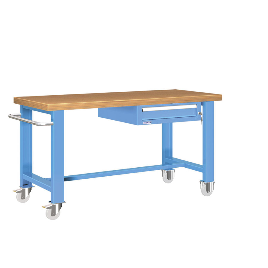 [025797] Banco de trabajo estándar móvil - Dim.: 1500x750x840h mm - Multiplex y 1 cajón de 150h mm - Azul ral 5012