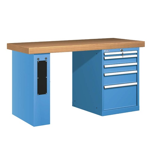 [025846] Banco de trabajo estándar - Dim.: 1500x750x850h mm - Encimera Multiplex, 1 pata de enlaces, 1 armario - Azul ral 5012