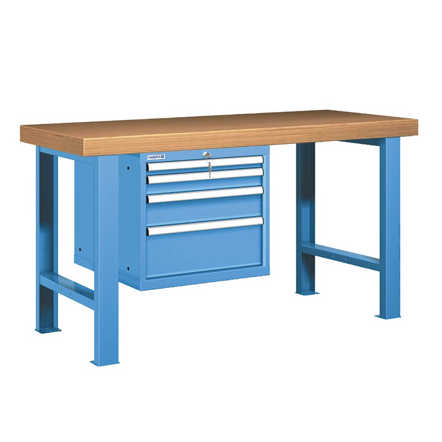 [025852] Banco de trabajo estándar - Dim.: 1500x750x850h mm - Encimera Multiplex, 2 patas, 1 armario 533h mm - Azul ral 5012