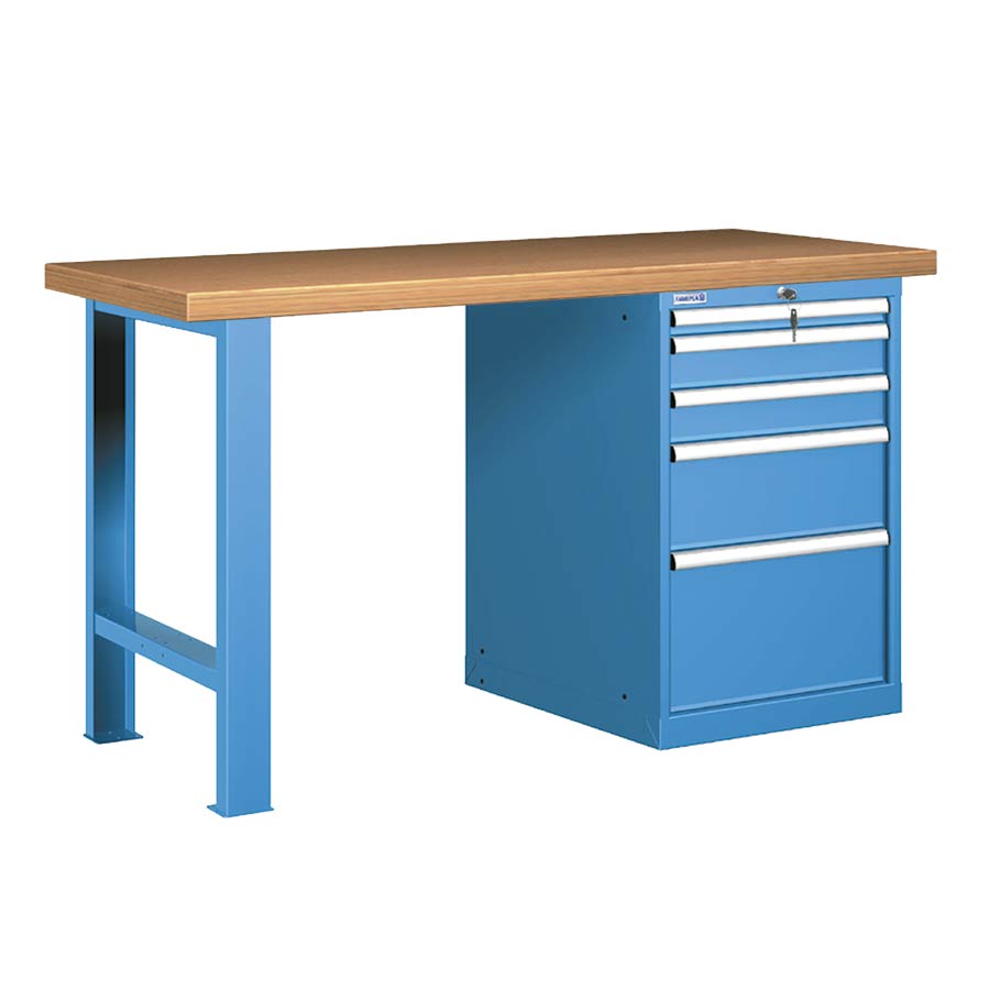 [025866] Banco de trabajo estándar - Dim.: 1500x750x890h mm - Encimera Multiplex, 1 pata, 1 armario - Azul ral 5012