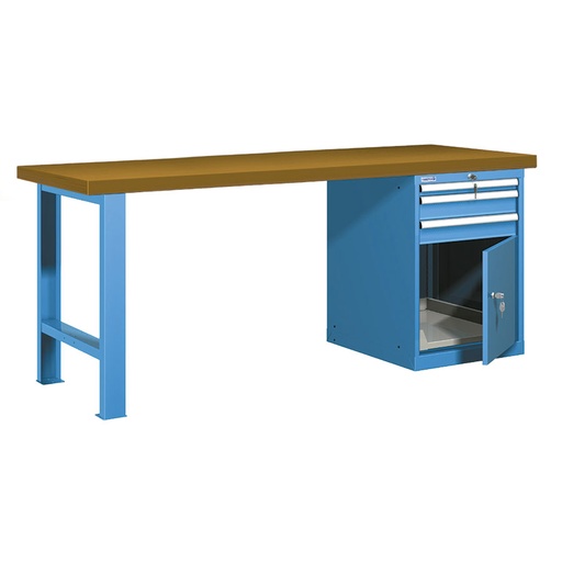 [025884] Banco de trabajo estándar - Dim.: 2000x750x840h mm - Encimera DM, 1 pata, 1 armario - Azul ral 5012